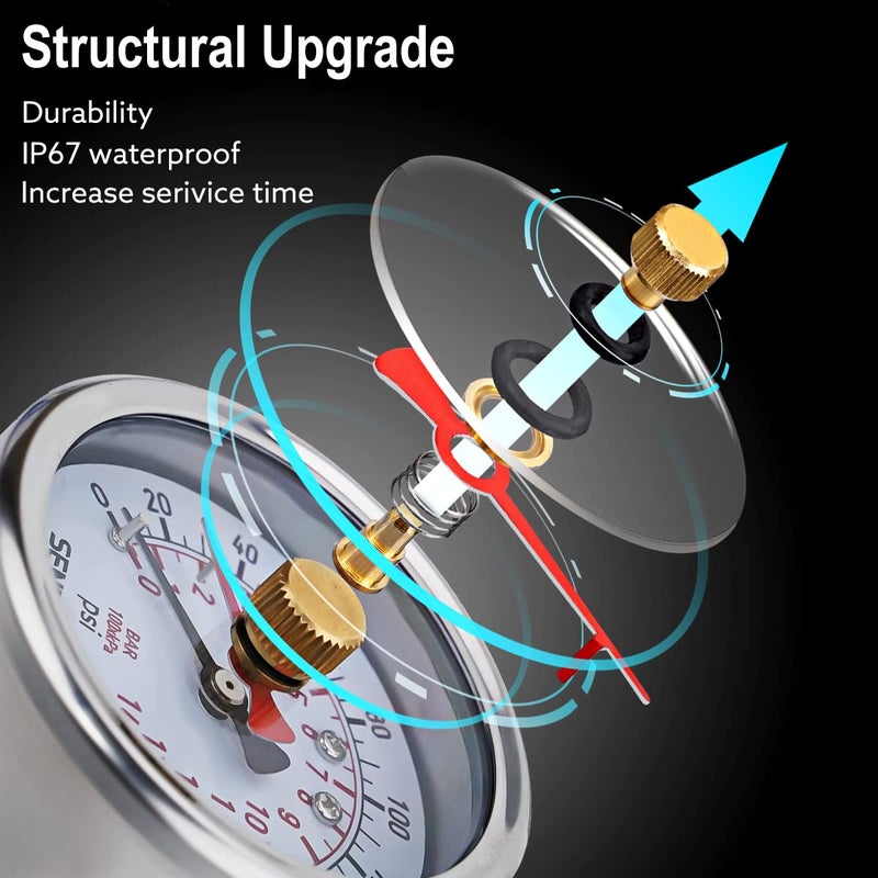 senctrl 0-200 Psi Water Pressure Gauge Test with Lazy Hand, Lead-Free, Waterproof, 2.5" Dial Size, 3/4" Female Garden Hose Thread, Stainless Steel Case, for Home Potable Water, House Tube - Image 3